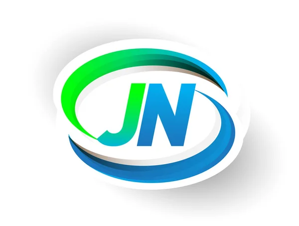 最初の文字Jnのロゴタイプ会社の名前は青と緑のスウッシュのデザイン 近代的なロゴの概念を着色 ビジネスと会社のアイデンティティのためのベクトルロゴ — ストックベクタ