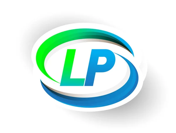 初期の手紙Lpのロゴタイプ会社の名前は青と緑のスウッシュのデザイン 現代のロゴの概念を着色 ビジネスと会社のアイデンティティのためのベクトルロゴ — ストックベクタ
