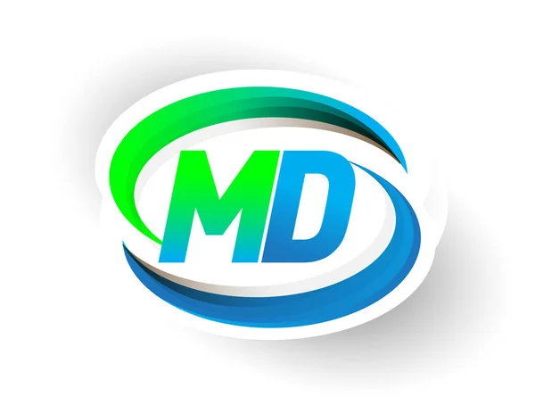 初期の文字Mdのロゴタイプ会社の名前は青と緑のスウッシュのデザイン 近代的なロゴの概念を着色 ビジネスと会社のアイデンティティのためのベクトルロゴ — ストックベクタ