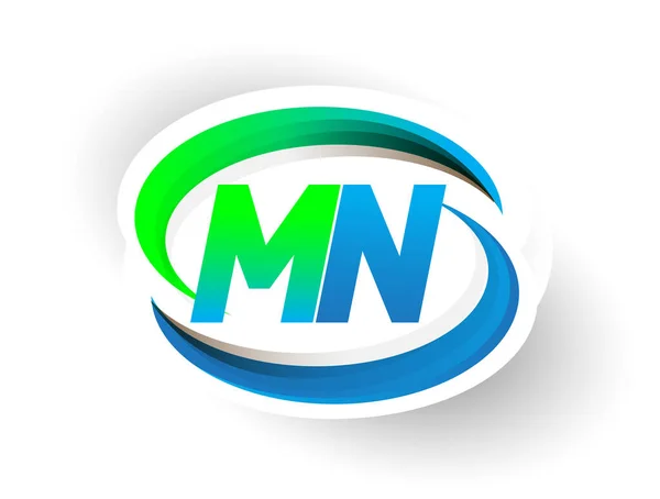 最初的字母Mn标识公司的名称为彩色蓝色和绿色的Swoosh设计 现代标识概念 企业和公司标识的矢量标识 — 图库矢量图片