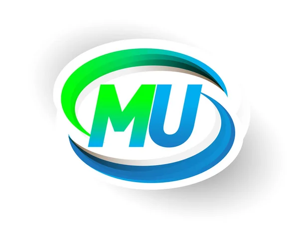 初期の文字Muのロゴタイプ会社名は青と緑のスウッシュデザイン 現代のロゴコンセプトを着色しました ビジネスと会社のアイデンティティのためのベクトルロゴ — ストックベクタ