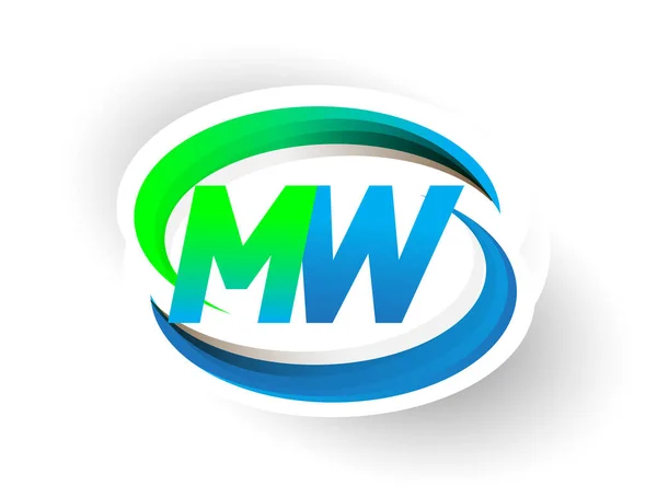 最初的字母Mw标志公司的名称为蓝色和绿色的标志设计 现代标志的概念 企业和公司标识的矢量标识 — 图库矢量图片