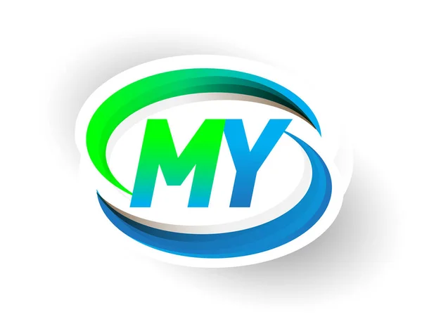 Första Bokstaven Min Logotyp Företagsnamn Färgad Blå Och Grön Swoosh — Stock vektor