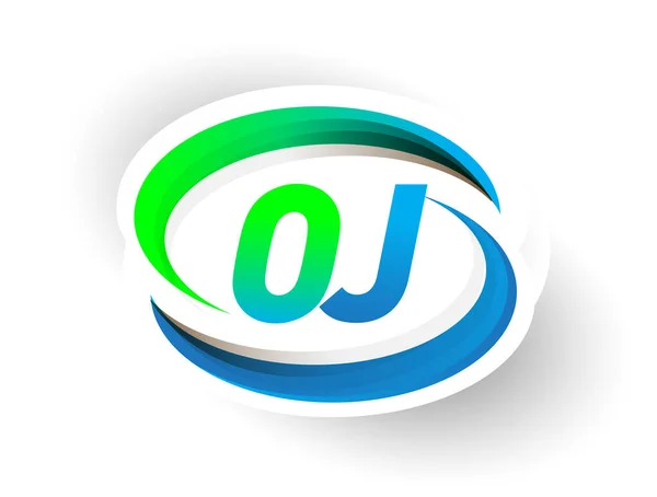 最初的字母Oj标识公司的名称为彩色蓝色和绿色的Swoosh设计 现代标识概念 企业和公司标识的矢量标识 — 图库矢量图片