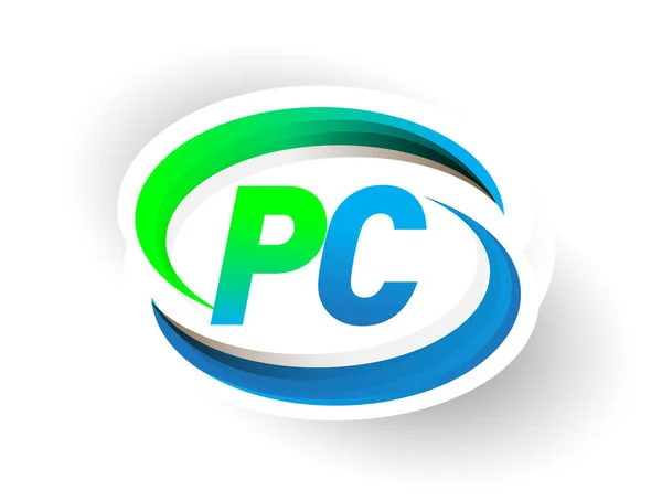 最初的字母Pc标识公司名称为彩色蓝色和绿色的Swoosh设计 现代标识概念 企业和公司标识的矢量标识 — 图库矢量图片