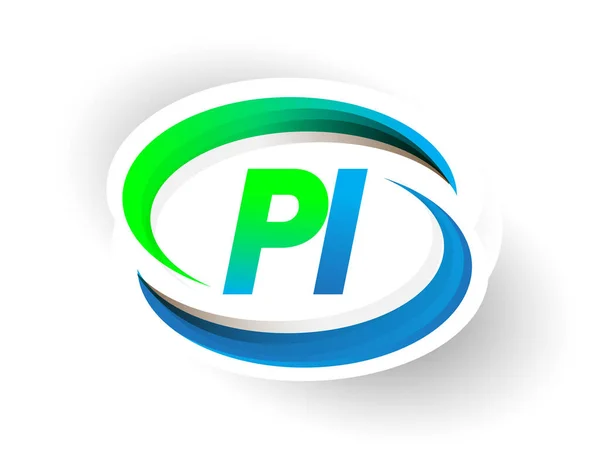 初期の文字Piのロゴタイプ会社名は青と緑のスウッシュのデザイン 現代のロゴコンセプトを着色 ビジネスと会社のアイデンティティのためのベクトルロゴ — ストックベクタ