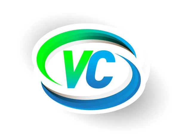 Initial Bokstav Logotyp Företagsnamn Färgad Blå Och Grön Swoosh Design — Stock vektor