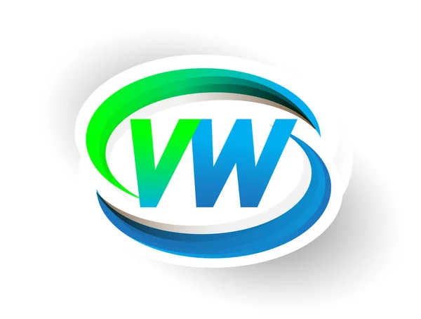最初的字母Vw标志公司的名称为彩色蓝色和绿色的Swoosh设计 现代标志概念 企业和公司标识的矢量标识 — 图库矢量图片