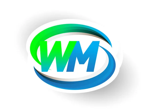 最初的字母Wm标识公司的名称为蓝色和绿色的Swoosh设计 现代标识概念 企业和公司标识的矢量标识 — 图库矢量图片