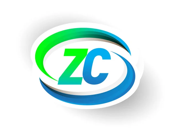 最初的字母Zc标识公司的名称为彩色蓝色和绿色的Swoosh设计 现代标识概念 企业和公司标识的矢量标识 — 图库矢量图片