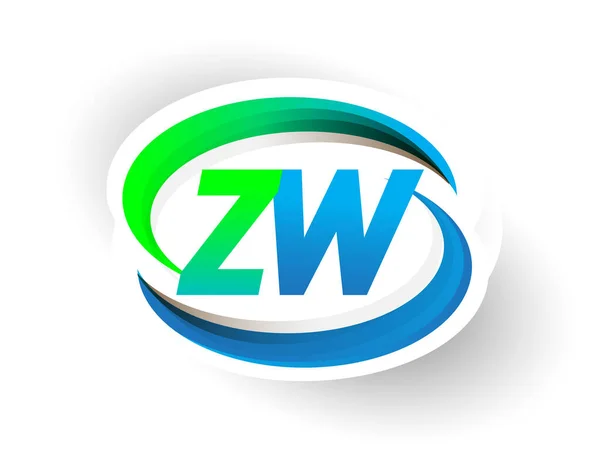 最初的字母Zw标识公司的名称为彩色蓝色和绿色的Swoosh设计 现代标识概念 企业和公司标识的矢量标识 — 图库矢量图片