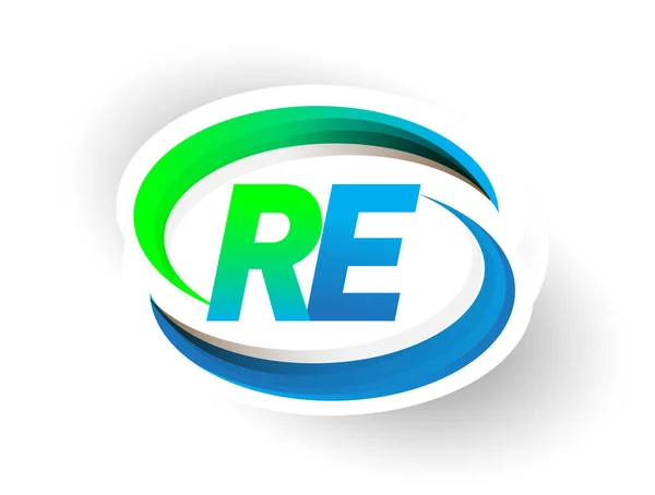 頭文字のReロゴタイプ会社名は青と緑のスウッシュデザイン モダンなロゴコンセプトを着色 ビジネスと会社のアイデンティティのためのベクトルロゴ — ストックベクタ