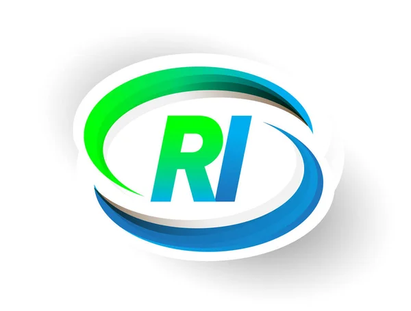 初期の手紙Riのロゴタイプ会社の名前は青と緑のスウッシュのデザイン 現代のロゴコンセプトを着色 ビジネスと会社のアイデンティティのためのベクトルロゴ — ストックベクタ