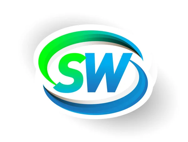 Pierwsze Litery Logotyp Nazwa Firmy Kolorowe Niebiesko Zielone Swoosh Projekt — Wektor stockowy