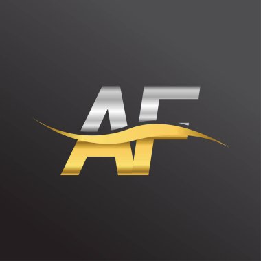 İlk harf AF logosu. Altın ve gümüş rengi Swoosh tasarımı. İş ve şirket kimliği için vektör logosu.