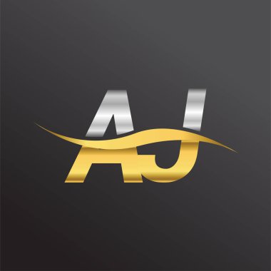 İlk harf AJ şirketi adı altın ve gümüş rengi Swoosh tasarımı. İş ve şirket kimliği için vektör logosu.