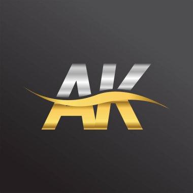 Kalaşnikof firmasının ilk harfi altın ve gümüş rengi Swoosh tasarımı. İş ve şirket kimliği için vektör logosu.