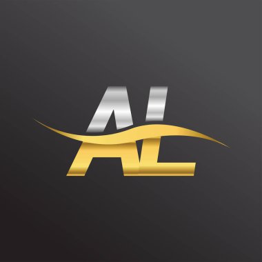 İlk harf AL logosu. Altın ve gümüş rengi Swoosh tasarımı. İş ve şirket kimliği için vektör logosu.