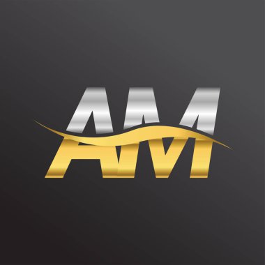 İlk harf amblemi AM şirketinin adı altın ve gümüş rengi swoosh tasarımı. İş ve şirket kimliği için vektör logosu.