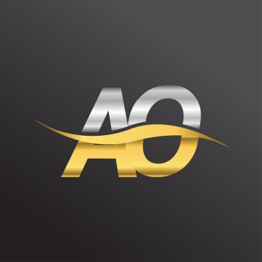 İlk harf AO AO şirketi adı altın ve gümüş rengi Swoosh tasarımı. İş ve şirket kimliği için vektör logosu.