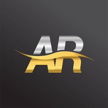 İlk harf AR AR şirketi adı altın ve gümüş rengi Swoosh tasarımı. İş ve şirket kimliği için vektör logosu.