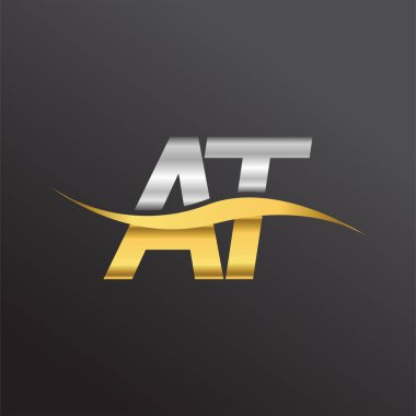 İlk harf amblemi AT şirketinin adı altın ve gümüş rengi swoosh tasarımı. İş ve şirket kimliği için vektör logosu.