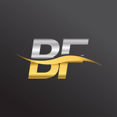 İlk harf olarak BF şirketinin adı altın ve gümüş rengi Swoosh tasarımı. İş ve şirket kimliği için vektör logosu.