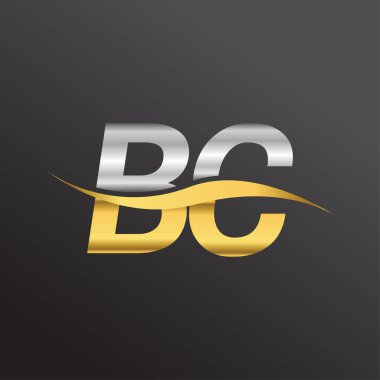İlk harf BC şirketi adı altın ve gümüş rengi Swoosh tasarımı. İş ve şirket kimliği için vektör logosu.