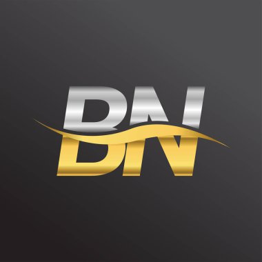 İlk harf logosu BN şirketinin adı altın ve gümüş rengi Swoosh tasarımı. İş ve şirket kimliği için vektör logosu.
