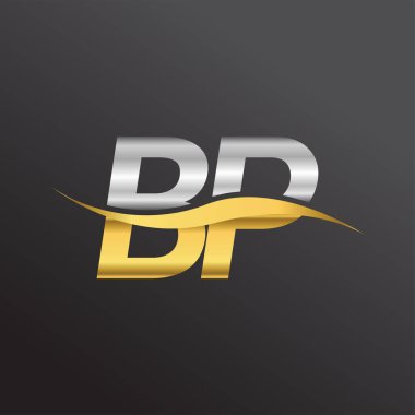 İlk harf BP şirketinin adı altın ve gümüş rengi Swoosh tasarımı. İş ve şirket kimliği için vektör logosu.