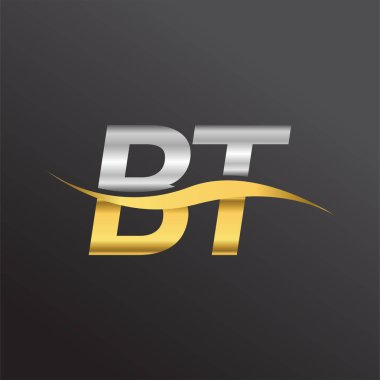 İlk harf BT şirketinin adı altın ve gümüş rengi Swoosh tasarımı. İş ve şirket kimliği için vektör logosu.