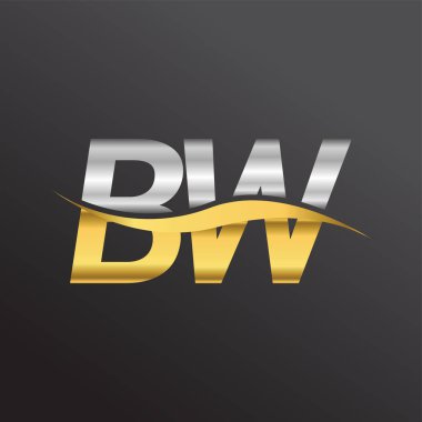 İlk harf BW şirketinin adı altın ve gümüş rengi Swoosh tasarımı. İş ve şirket kimliği için vektör logosu.