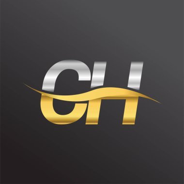 İlk harf olarak CH şirketi adı altın ve gümüş rengi Swoosh tasarımı. İş ve şirket kimliği için vektör logosu.