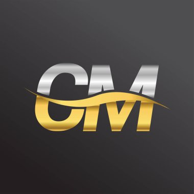 İlk harf logosu CM şirketinin adı altın ve gümüş rengi Swoosh tasarımı. İş ve şirket kimliği için vektör logosu.