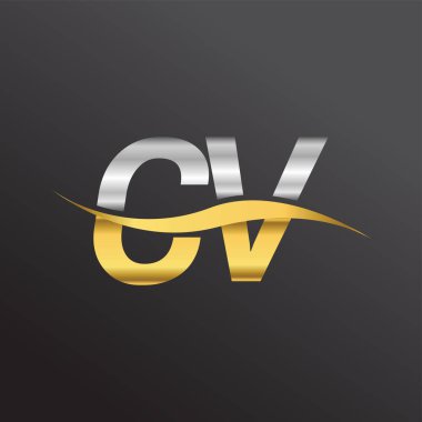 İlk harf logosu CV şirketinin adı Altın ve Gümüş renkli Swoosh tasarımı. İş ve şirket kimliği için vektör logosu.