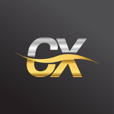 İlk harf logosu CX şirketinin adı altın ve gümüş rengi Swoosh tasarımı. İş ve şirket kimliği için vektör logosu.