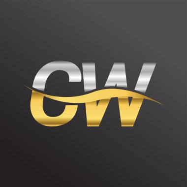 İlk harf logosu CW şirketinin adı altın ve gümüş rengi Swoosh tasarımı. İş ve şirket kimliği için vektör logosu.