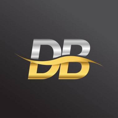 İlk harf, DB şirketi. Altın ve gümüş rengi Swoosh tasarımı. İş ve şirket kimliği için vektör logosu.