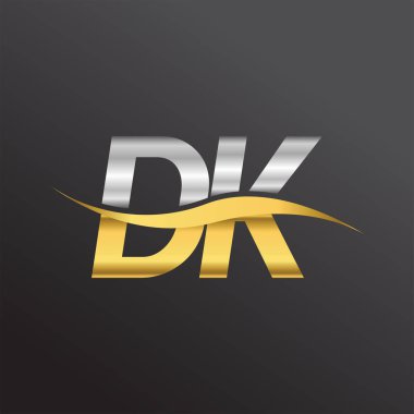 İlk harf DK şirketinin adı altın ve gümüş rengi Swoosh tasarımı. İş ve şirket kimliği için vektör logosu.