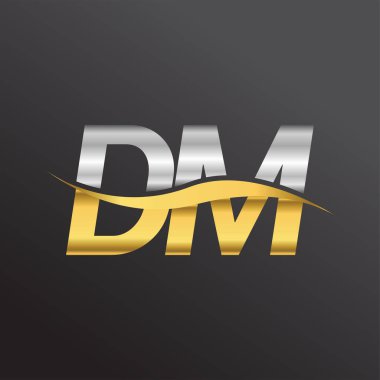 İlk harf logosu DM şirketinin adı altın ve gümüş rengi Swoosh tasarımı. İş ve şirket kimliği için vektör logosu.