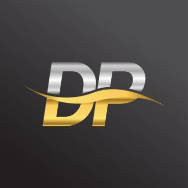 İlk harf DP logosu. Altın ve gümüş rengi Swoosh tasarımı. İş ve şirket kimliği için vektör logosu.