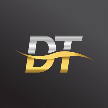 İlk harf logosu DT şirketinin adı altın ve gümüş rengi Swoosh tasarımı. İş ve şirket kimliği için vektör logosu.