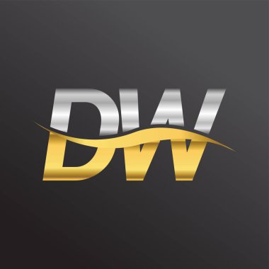 İlk harf DW şirketinin adı altın ve gümüş rengi Swoosh tasarımı. İş ve şirket kimliği için vektör logosu.