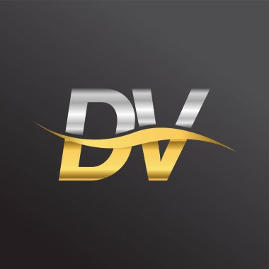 İlk harf logosu DV şirketinin adı altın ve gümüş rengi Swoosh tasarımı. İş ve şirket kimliği için vektör logosu.