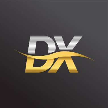 İlk harf logosu DX şirketinin adı altın ve gümüş rengi Swoosh tasarımı. İş ve şirket kimliği için vektör logosu.
