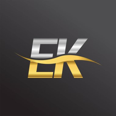İlk harf EK logosu. Altın ve gümüş rengi Swoosh tasarımı. İş ve şirket kimliği için vektör logosu.