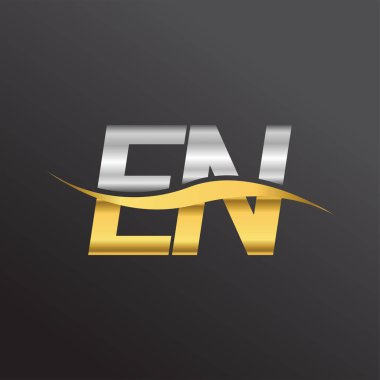 İlk harf amblemi EN şirket adı altın ve gümüş rengi swoosh tasarımı. İş ve şirket kimliği için vektör logosu.