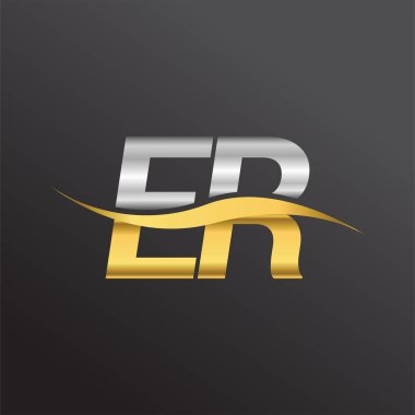 İlk harf acil servis logosu. Adı altın ve gümüş rengi Swoosh tasarımı. İş ve şirket kimliği için vektör logosu.