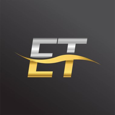 İlk harf ET şirketi adı altın ve gümüş rengi Swoosh tasarımı. İş ve şirket kimliği için vektör logosu.
