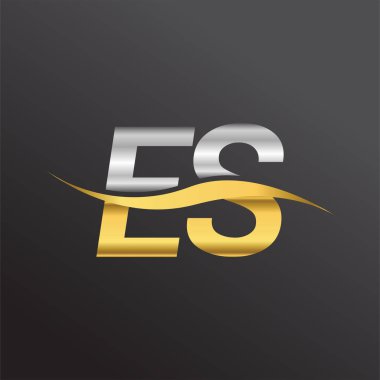 İlk harf olarak ES şirketi adı altın ve gümüş rengi Swoosh tasarımı. İş ve şirket kimliği için vektör logosu.